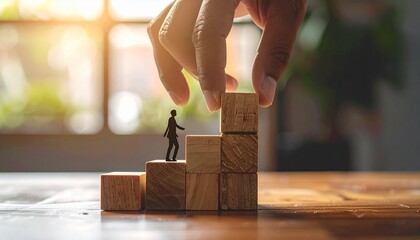 A tiny silhouetted figure climbing wooden blocks arranged like steps while a large hand places the next block, symbolizing guidance, growth, success, and progress in a warm, sunlit environment.