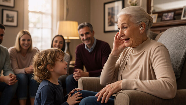 Woman with hearing aid talking to kid, family gathering. Intergenerational communication and connection. Modern audiology technology.