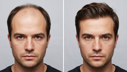 Fototapeta premium Young man with hair loss problem on left and healthy hair after treatment on right, for before and after concept on white background