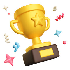 3D golden trophy cup icon floating with colorful confetti, symbol of victory and achievement, cute cartoon render isolated on transparent background © Das