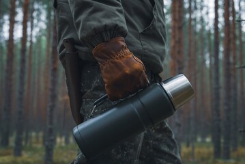 A man in work gloves is holding a thermos by the handle. Gear for hiking and survival in the wild. The concept of bushcraft. A travel thermos in a mans hand, close-up.