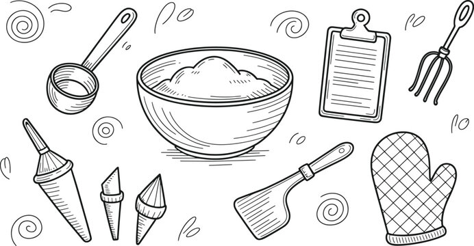 Black and white hand drawn baking utensils and ingredients collection cooking kitchen