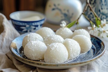 Fototapeta premium Freshly made mochi balls, dusted with powdered sugar, are served on a beautiful plate, ready to be enjoyed