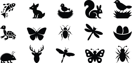 Fototapeta premium Black animal and nature icons on white