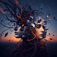 A Surreal Fragmented Portrait: Embracing chaotic blurred faces, abstract swirling elements, and twilight disorder in a profound enigmatic visual symphony.