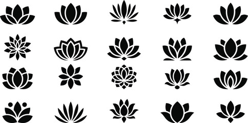 Black lotus flower icons on white background