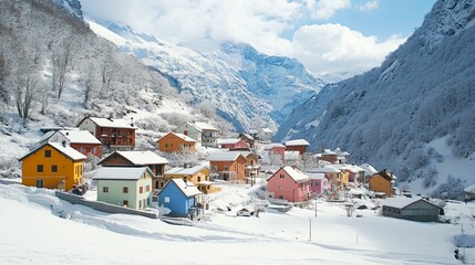 A quiet, snow-covered village with colorful houses, surrounded by white-capped mountains. .