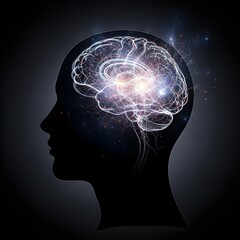 Contemplative Silhouette with Illuminated Brain Overlay: A Minimalist Interpretation of Mental Disarray, Embracing Introspection and Emotional Turbulence in Subdued Hues