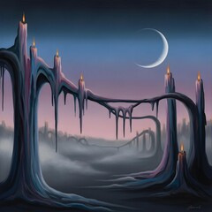 A Surreal Twilight Serenade: Fluid Shapes, Melancholic Hues, and Waning Reflections Inspiring Introspective Journeys Beyond Conventional Dreams Under Ethereal Skies