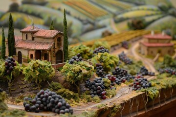 Obraz premium Charming miniature tuscan landscape showcasing a farmhouse surrounded by vineyards, representing the region's rich winemaking heritage