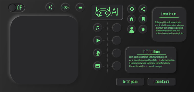 Futuristic dark mode AI dashboard interface with neon green accents, featuring buttons, icons, and UI elements for technology and artificial intelligence concepts. Futuristic AI dashboard design.