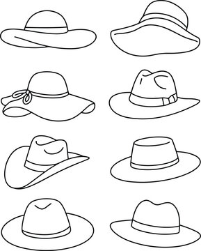 Line Art Collection of Various Women's and Men's Hats, including Wide Brim, Fedora, and Sun Hat Styles, Fashion Apparel Template