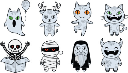 Halloween character set, spooky cartoon creatures, ghost, skeleton, mummy, monster, wizard, cat, reindeer, festive icons, swirl patterns