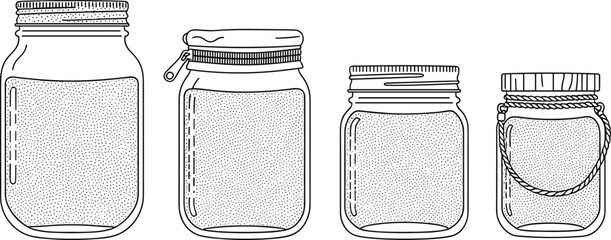 Jar collection illustration, sand containers, packaging design, lid styles, pouch, screw top, rope handle, transparent vessels, comparison icons © Md