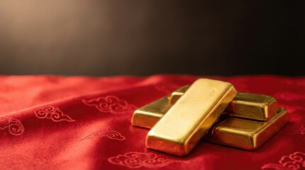 Luxurious Stack of Gold Bars on Red Patterned Fabric