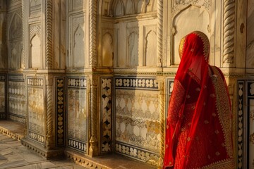 Naklejka premium Back view of an indian bride wearing a traditional red sari and veil, posing inside a beautiful mughal palace