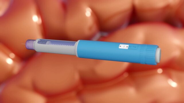 A 3d animation of the brain and injector pens. The neurological or cognitive effects of GLP-1 medication, which are increasingly being studied for their impact on the central nervous system.
