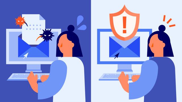 Suspicious Email Opening vs Reporting Workflow with Shield Protection in Cyber Security vector illustration
