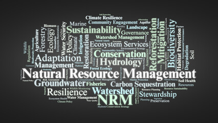 Natural Resource Management Word Cloud. Key terms illustrating sustainable stewardship, ecological protection, climate resilience, and essential strategies for preserving global natural systems.