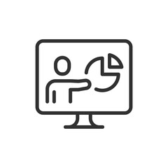 Online presentation on monitor, linear icon. Virtual conference and remote meeting. Line with editable stroke.