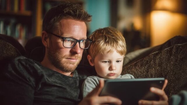 A man with glasses and a young boy sit on a couch, focused on a tablet.