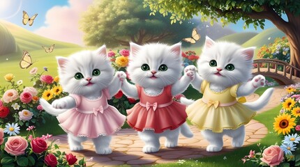 &ldquo;Three Fluffy Kittens in Pastel Dresses Dancing in a Magical Flower Garden&rdquo;