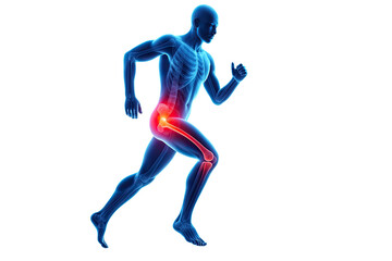 Medical anatomical illustration showing human figure running with highlighted hip joint pain inflammation area for orthopedic reference isolated on white background