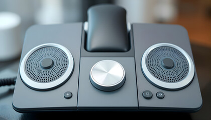 A modern, sleek conference phone with a circular dial and multifaceted speakers is presented in a shot.