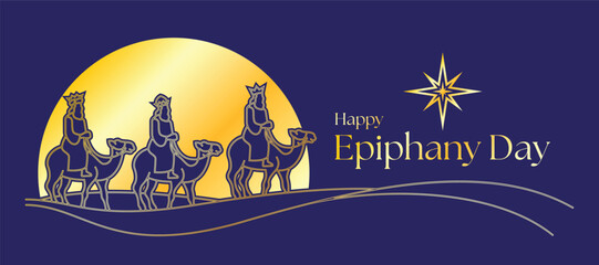 Naklejka premium Happy Epiphany Day - Christian festival with Gold line art three kings rode camels to the stars light on purple background vector design