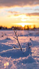 Obraz premium Snowy field at sunset, plant detail
