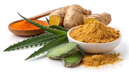 Turmeric powder, ginger root, and aloe vera leaves isolated on white background