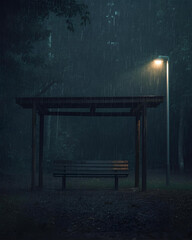 rainy night, bus stop, night scene, rainy weather, atmospheric scene, urban environment, city at night, wet pavement, reflections, street lights, public transportation, urban street, moody atmosphere,