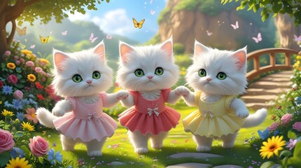 &ldquo;Three Fluffy Kittens in Pastel Dresses Dancing in a Magical Flower Garden&rdquo;