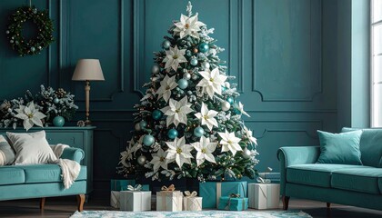 Christmas tree glows against teal wall—ritual of modern elegance and floral breath, where poinsettias and silver ornaments choreograph the emotional architecture of serenity, celebration, and seasonal
