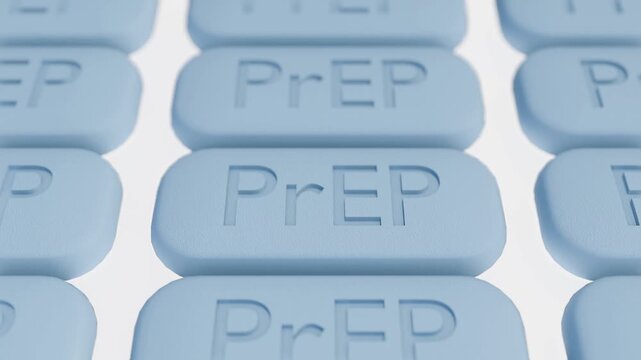 A 3D animation of blue, oval pills with "PrEP" engraved on the surface, representing Pre-Exposure Prophylaxis medication for HIV prevention.