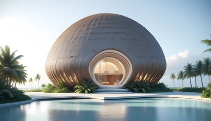 Obraz premium Futuristic Coconut-Shaped Beach Resort Villa with Pool