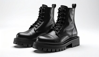 Two black leather laced combat boots