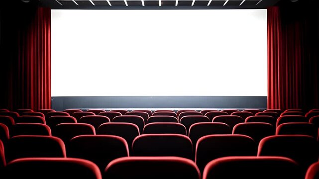 Experience the anticipation in a vibrant movie theater before the show begins with plush red seats and blank white screen