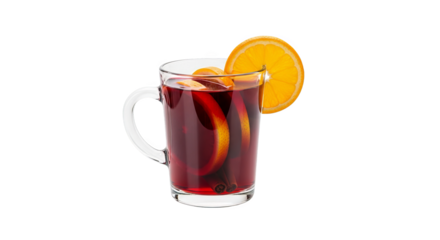 Mulled wine in a glass mug with orange slices and cinnamon