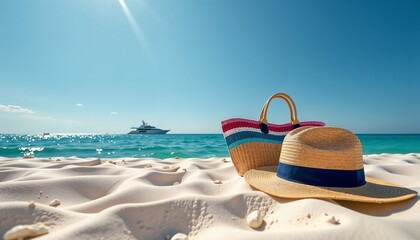 Beach essentials with a straw hat and bag on a sandy shore, luxury yacht in the background