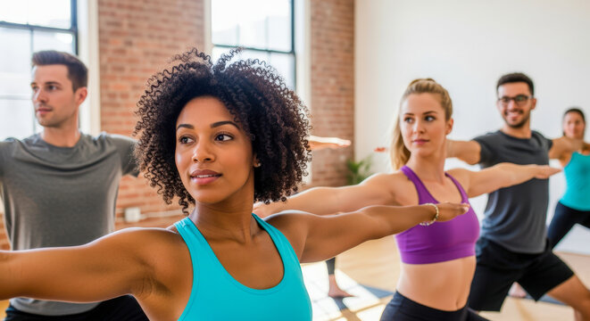 Diverse group of people practicing yoga and fitness in a bright studio setting. - Powered by Adobe