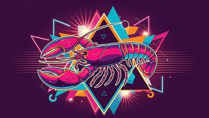 Vibrant neon lobster illustration with futuristic geometric shapes and retro synthwave background design