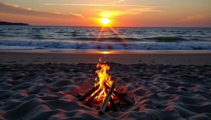 Campfire on the beach at sunset with beautiful ocean waves in the background