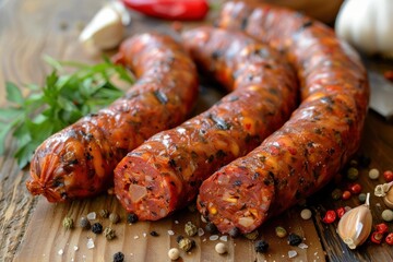 Fototapeta premium Delicious spicy sausages seasoned with herbs and spices are presented on a rustic wooden table, alongside fresh ingredients