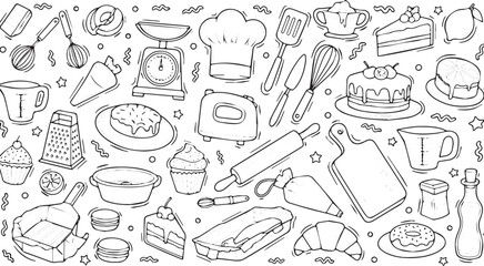 Baking and Cooking Utensils and Ingredients Doodle Collection.