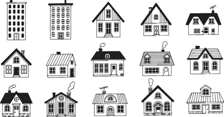 Collection of Hand Drawn Houses and Buildings in Black and White.