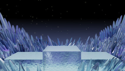 Crystal Ice Block Podium Platform At Night Under Starry Sky Background