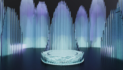 Crystal Ice Stage With Neon Arches, Futuristic Reflective Platform for Visual Concepts