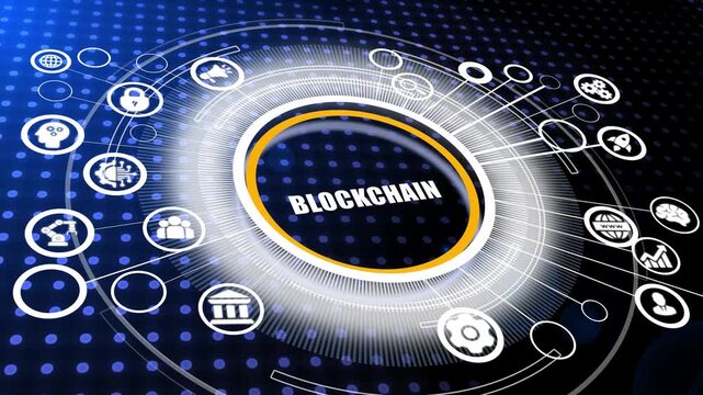 The concept of business, technology, the Internet and the network. virtual screen of the future and sees the inscription: blockchain.