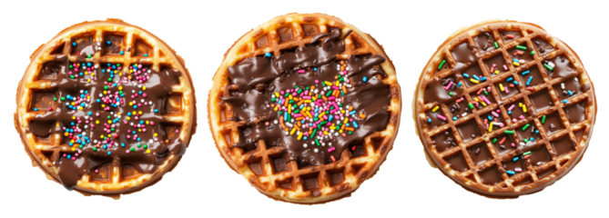 Delicious waffle drizzled with chocolate sauce and topped with colorful candy sprinkles, isolated on white background